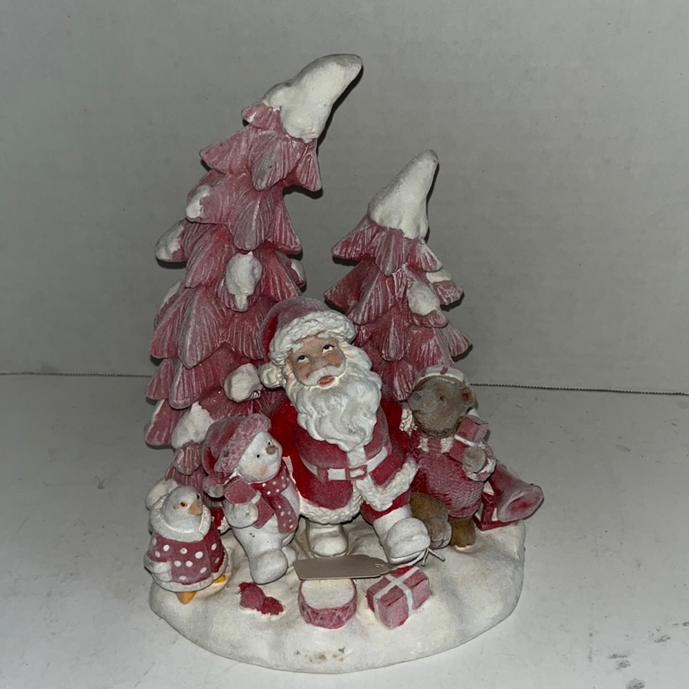 Vintage Christmas Santa & Friends In Woods Figurine Resin Flocked 9x7.5” Cheer